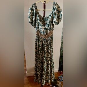 Green Floral Maxi Dress with Cream Print and Smocked Waist